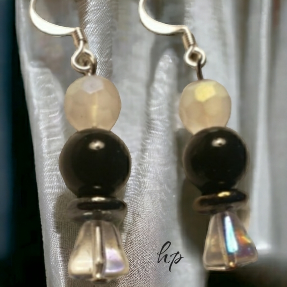 Frosted Crystal & Black Beaded Handcrafted Earrings - Picture 2 of 8